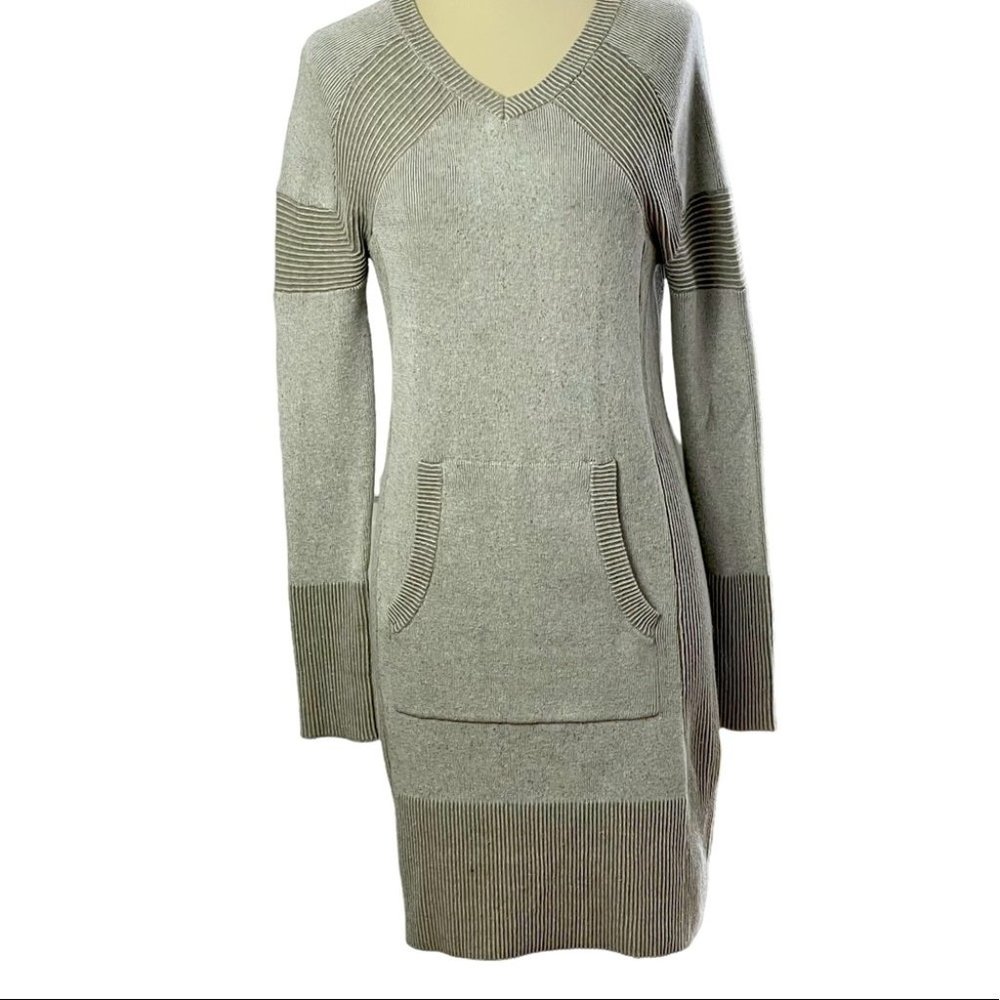 Prana Long Sleeve Sweater Dress, V-Neck, Organic Cotton Blend, Tan, M